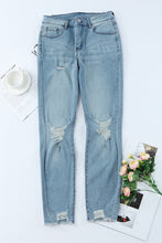 Load image into Gallery viewer, Light Blue Raw Hem Straight Leg Distressed Jeans for Women
