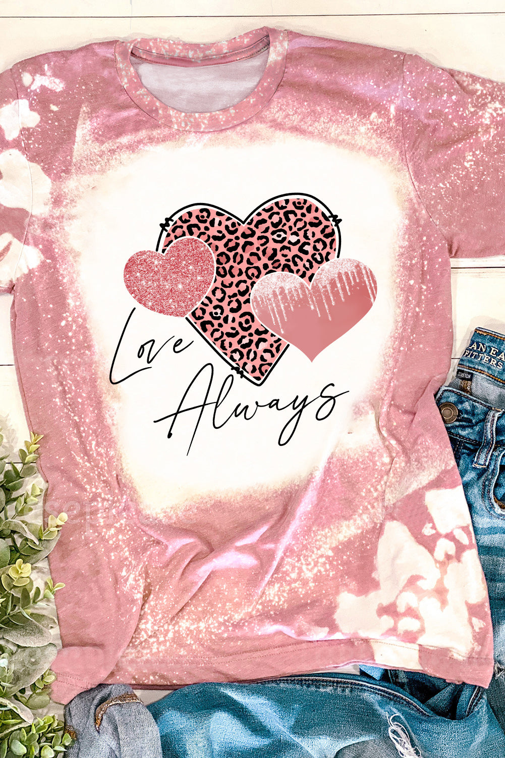 Love Always Heart Leopard Bleached Graphic T Shirt