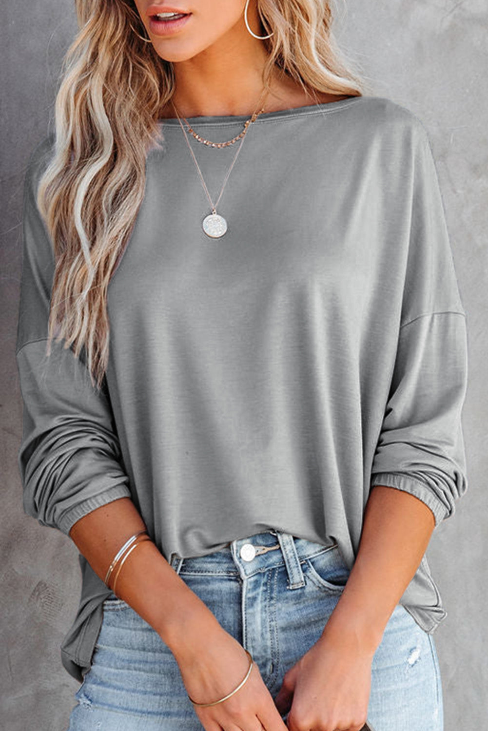 Grey Casual Loose Fit Batwing Sleeve Top