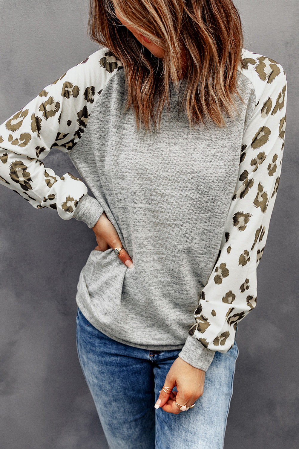 Grey Raglan Sleeve Cheetah Print Sleeve Long Sleeve Shirt