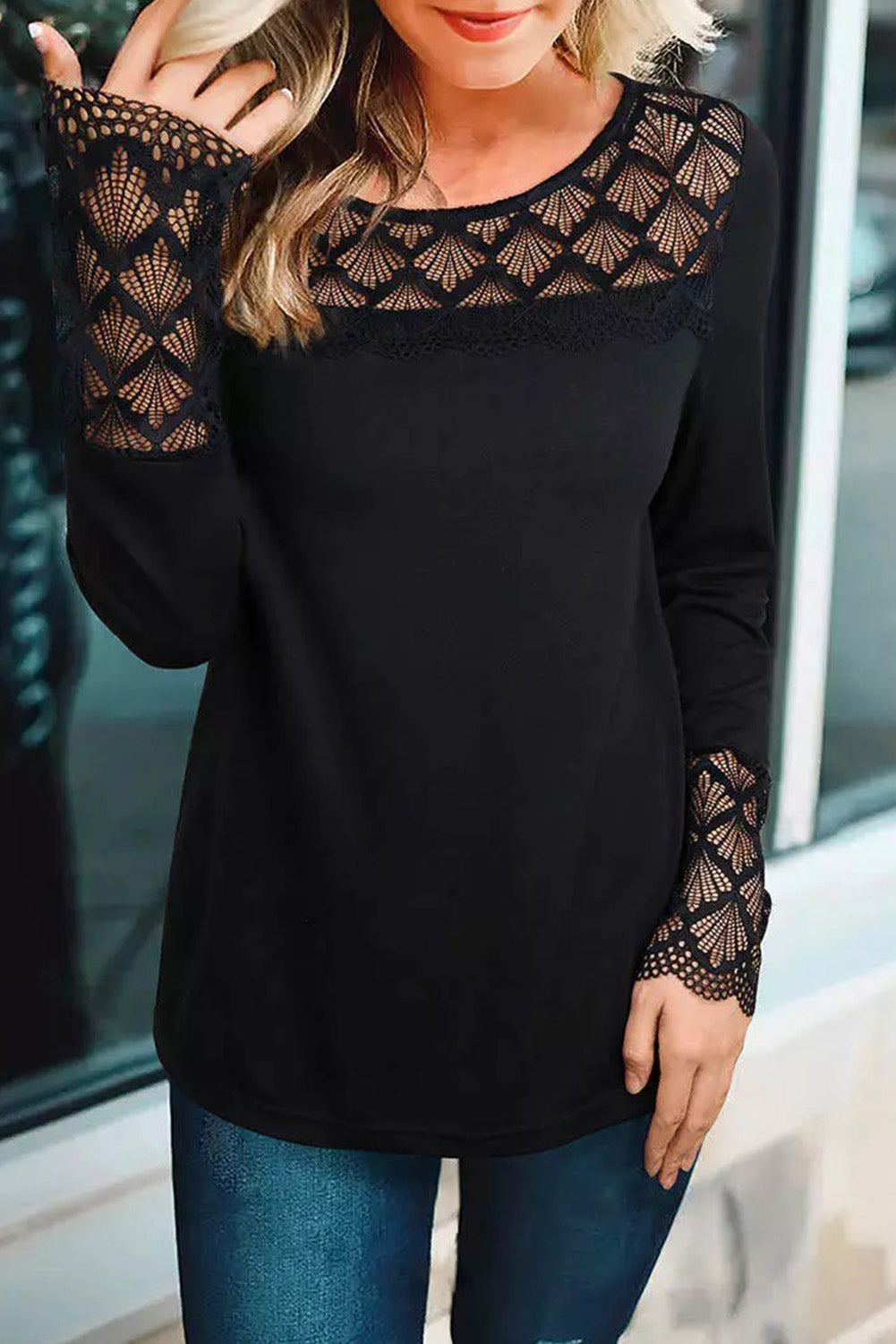 Lace Crochet Splicing Casual Cutout Long Sleeve Top
